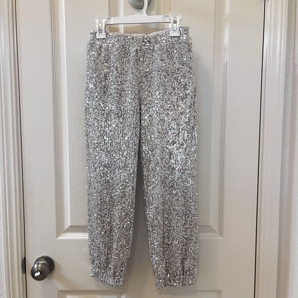 Art Class Silver Sequin Jogger Pants Elastic Waist Girls Size Medium 7-8 - Picture 1 of 12